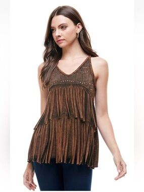 T Party Fashion Brown Fringe V-Neck Tank Top